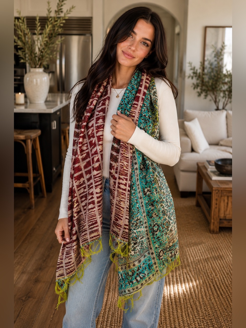 Found Object New York Reversible Silk Kantha Fringe Scarf Wrap Recycled Vintage